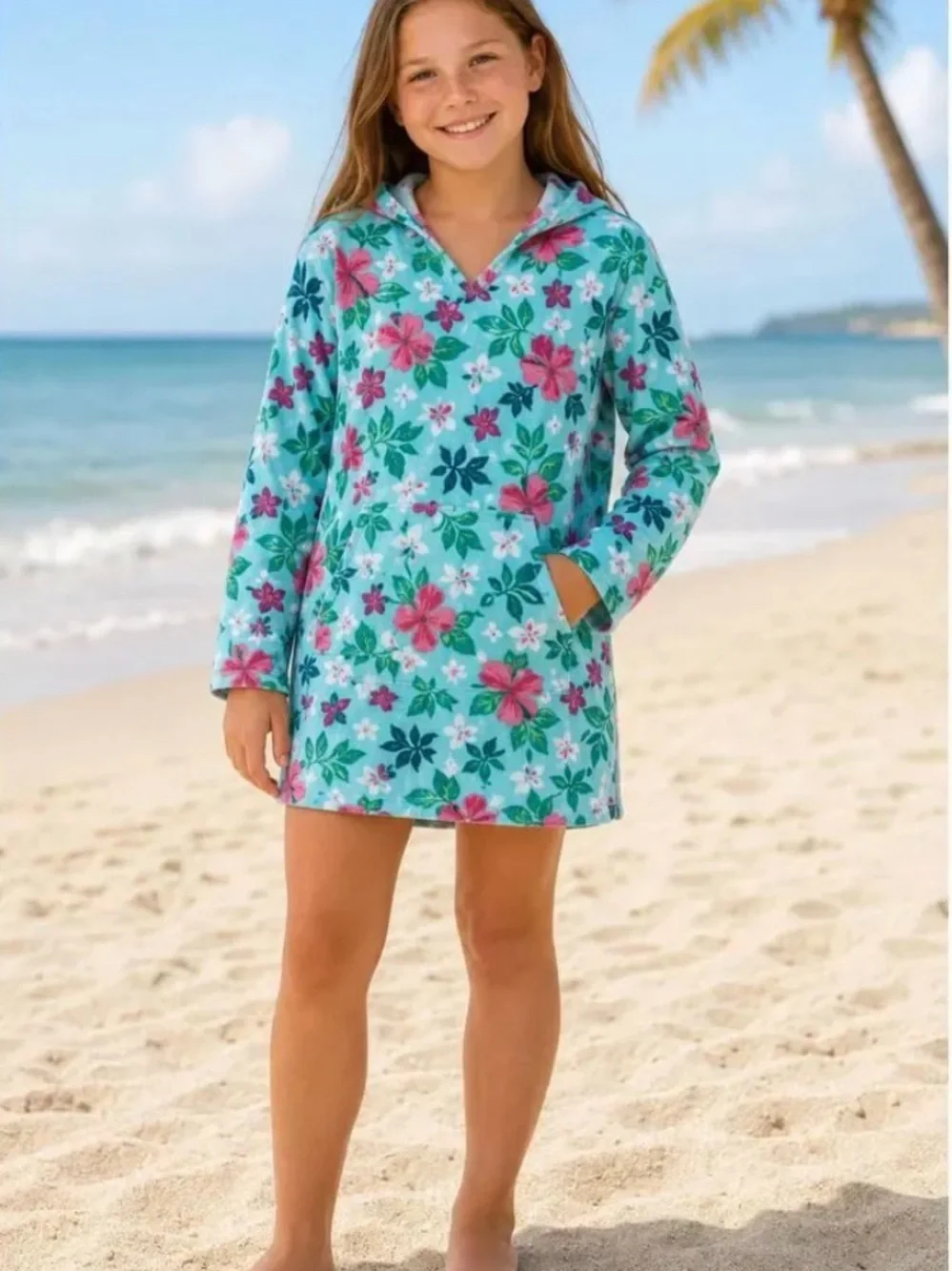 Lands' End Terry Teal Floral Hooded Girls' Swim Coverup
